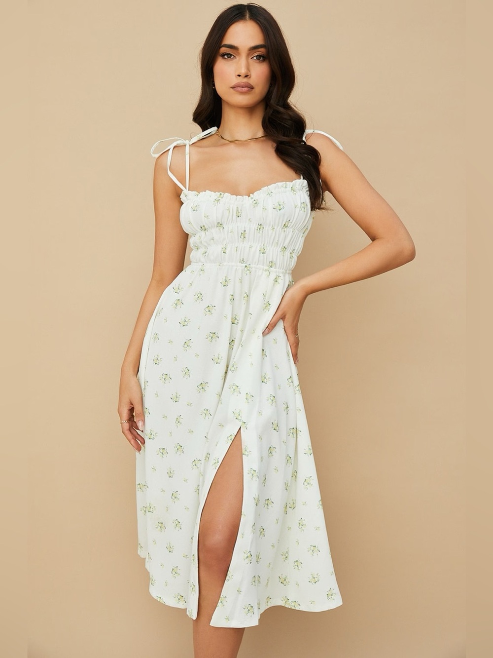 House of CB CHRISTABEL Ivory Floral Print Shirred Midi Dress. Size Large.